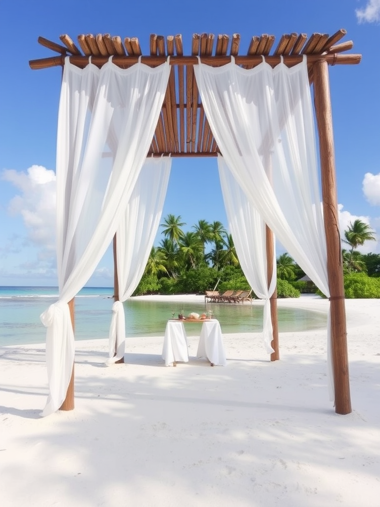 Create a picturesque tropical beach scene featuring a serene, white sandy shore. In the foreground, there's a rustic wooden canopy with white drapes gently flowing in the breeze. Underneath the canopy, a table is set with tropical decor, evoking a sense of relaxation and leisure. The beach extends into a calm, shallow water area with reflections of the sky and surroundings. Palm trees and lush greenery line the edge of the beach, providing a natural, tropical backdrop. The sky is clear with a few scattered clouds, and the overall atmosphere is tranquil and inviting, perfect for a peaceful retreat.