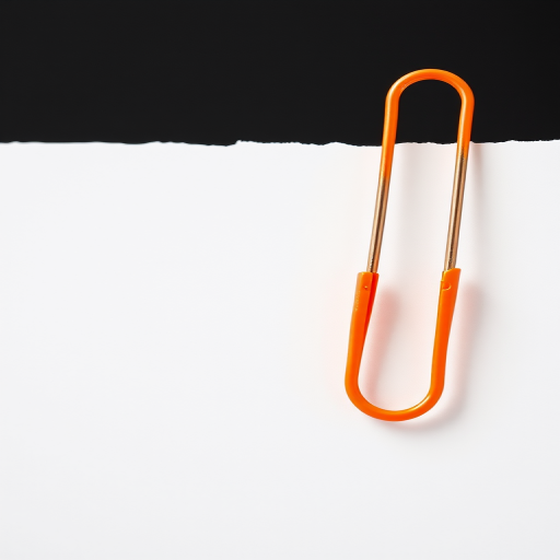 Create a high-resolution image of a blank piece of paper with a large orange paperclip attached to the top left corner, using a macro lens on a DSLR camera, aperture set to f/2.8, ISO of 100, and a slight vignette effect for depth.