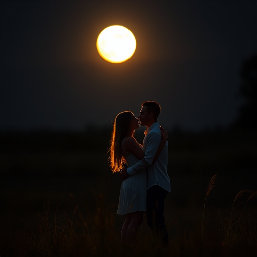 Generate an image of a couple embracing in a field at night with a glowing full moon in the background, set the camera to a 50mm lens, aperture f/1.8 for shallow depth of field, ISO 200, and a soft focus style for a dreamy effect.