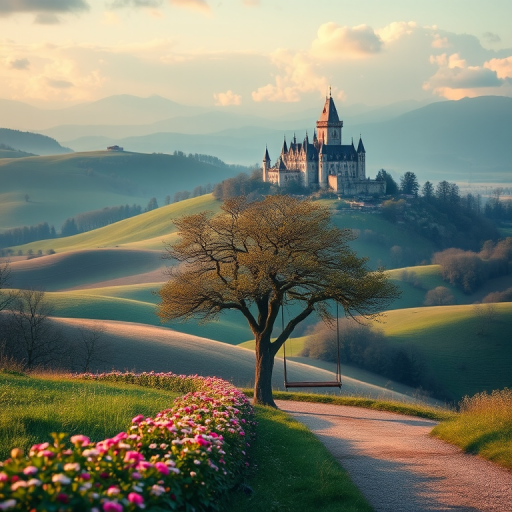 Create a vibrant digital landscape of rolling hills with a majestic castle in the background, a tree with a swing in the foreground, flowers along the path, taken with a Canon EOS R5 at f/8, ISO 200, 24mm focal length, top-down view, soft focus style for a dreamy effect.