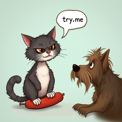 caricature of a silly whimsical fluffy cat with a mean look she has one foot on a sausage and is looking at an old scraggly big dog the cat has a thought bubble above her head that says “try,me"