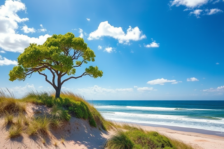Generate an image of a lush green tree on a sandy dune by the ocean under a bright blue sky with scattered clouds, using a DSLR camera with a 35mm lens, aperture f/8, ISO 100, and a polarizing filter for enhanced color saturation.