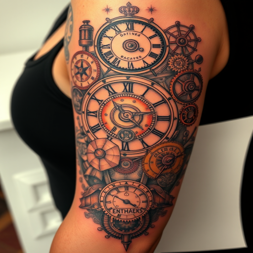 Steampunk-inspired tattoo featuring intricate clockwork mechanisms and Victorian-era elements, sepia tones with copper and brass accents, vintage industrial aesthetic with ornate details