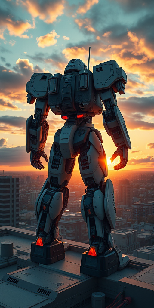 Create a detailed illustration of a massive, futuristic robot standing majestically on a rooftop overlooking a city at sunset, capturing the dramatic lighting and intricate mechanical design, using a Canon EOS R5 with a 24-70mm f/2.8 lens at f/4, ISO 100, 1/250 sec, wide-angle view, cinematic style.