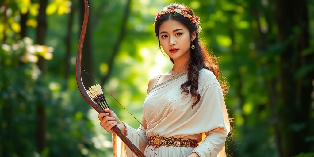 Create a portrait of a goddess-like Malay girl figure in a tranquil, forested environment. She has an elegant appearance with long, wavy hair styled in an updo and adorned with a delicate, floral headband. She wears a flowing, ancient Greek-inspired gown in a soft, pale color, featuring a one-shoulder design and draped fabric that accentuates her graceful form. The outfit includes a decorative belt with ornate gold detailing, and she holds a bow in her hand, with a quiver of arrows slung over her shoulder. The background depicts lush greenery, with sunlight filtering through the trees, casting a gentle, ethereal light on the scene. Her expression is calm and contemplative, embodying a sense of wisdom and serenity.