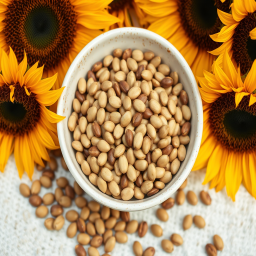 a close-up shot of a bowl filled with sunflower seeds surrounded by sunflowers and scattered seeds on a textured surface, f/2.8, ISO 100, 50mm lens, natural light, DSLR camera