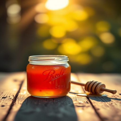 A jar of honey with a honey dipper on a rustic wooden surface, soft golden light streaming through, bokeh effect in the background, shot with a Canon EOS R5, 50mm lens, f/1.8, ISO 200, 1/100 sec, natural light.