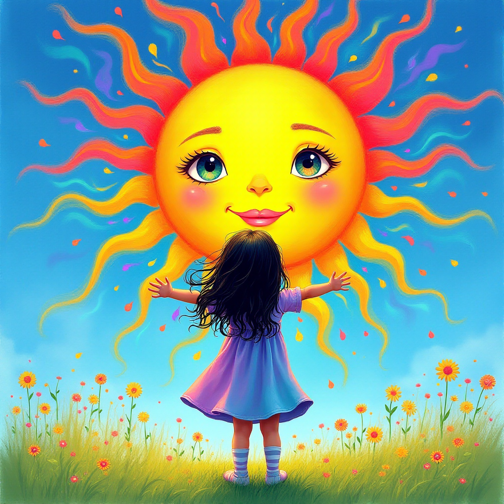 A depiction, in colorful paints, of a little girl, back to the viewer, short stripy socks, lilac and blue dress, arms outstretched, long black wavy hair being blown by the breeze, bight summer's day, up in the blue sky a giant colorful sun face, with pretty eyes, pink lips, colorful swirls, and rainbow colored flames shooting off in all directions