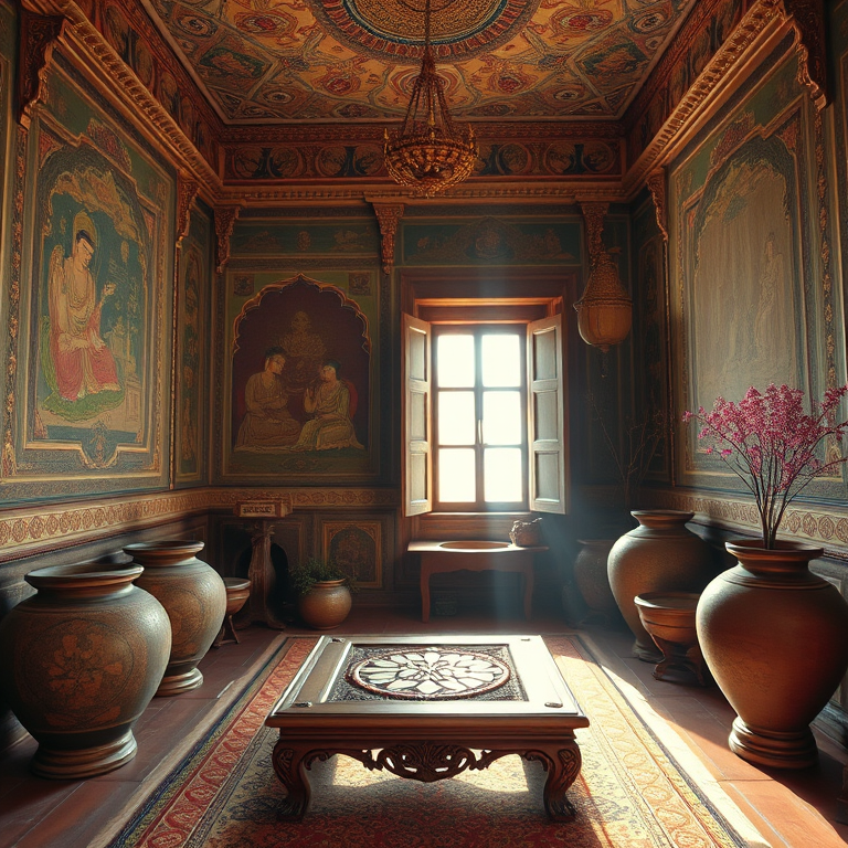 interior of a richly decorated ancient room with intricate murals, large pots, a low wooden table with an ornate design, soft natural light streaming through a window, camera settings: aperture f/4, shutter speed 1/60, ISO 200, camera view: wide angle, camera style: vibrant colors, camera type: digital DSLR