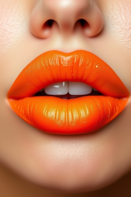Ombre gradient lips transitioning from soft peach to vivid tangerine, dubbed "Citrus Sunrise," with a satin finish and fine, shimmering golden flecks throughout