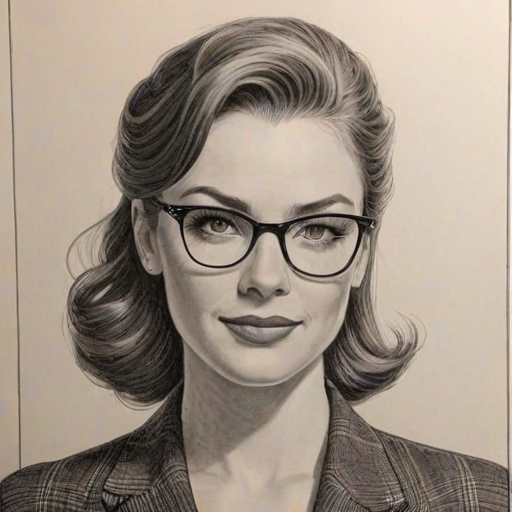 Pleasing Kaitlyn Black, pencil sketch, portrait of Radiant woman 1949s in glasses, hair style beatnik, outline, clear lines, fine lines, 8k