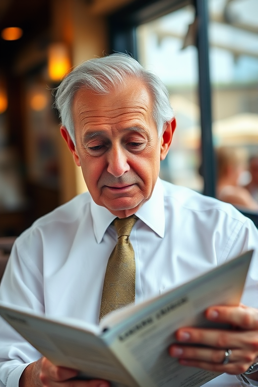 elderly man in a white shirt and tie reading a menu at a restaurant with blurred background, depth of field focus, 50mm lens, f/1.8 aperture, ISO 200, natural light, shallow focus, portrait orientation, DSLR camera