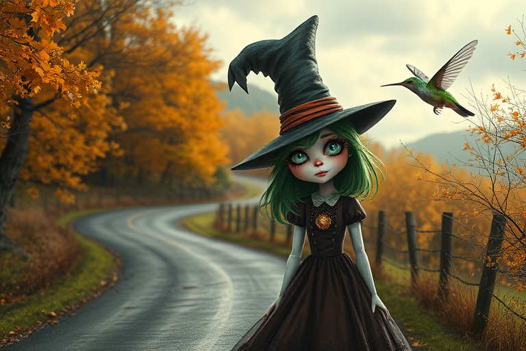 digital art fantasy depicting a strange girl with green hair, long eyelashes, white lipstick and a tall hat walking along a winding road on an autumn afternoon, an Hummingbird smiles as she passes