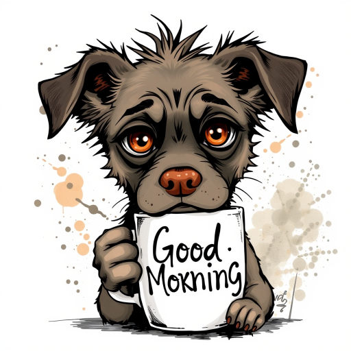 A quirky, artistic illustration of a disheveled akita pit dog breed with exaggerated, large eyes and spiky fur, holding a coffee mug that reads "Good Morning". The dog has a tired but humorous expression, with ink splatters and abstract details surrounding it, giving a whimsical feel to the image. The color palette is mostly monochrome with hints of brown in the eyes and steam rising from the mug, enhancing the overall sleepy vibe