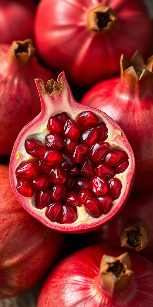 High-resolution close-up of pomegranates with one split open revealing seeds, taken with a Canon EOS R5, 50mm lens, aperture f/2.8, ISO 100, natural lighting, focus on the texture and color of fruits.