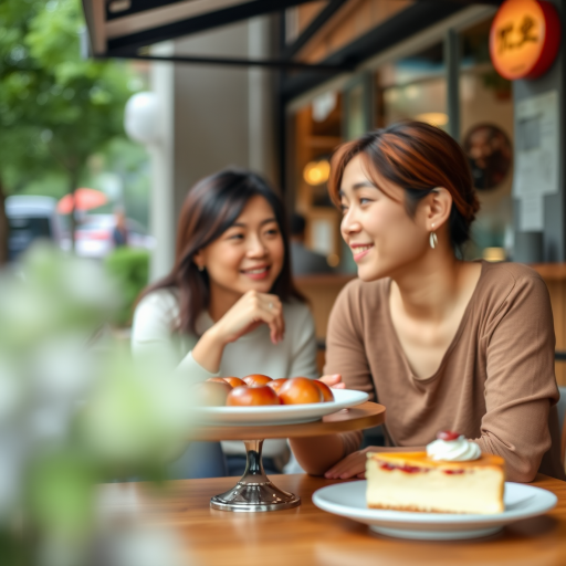 couple dining at a cafe with Japanese cheesecake in the background, shallow depth of field, 50mm lens, aperture f/1.8, ISO 200, natural light, outdoor setting, 4K resolution, HDR photography