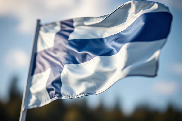 finland flag waving in the wind, high resolution, soft natural lighting, focus mode: macro, aperture f/2.8, ISO 100, shutter speed 1/200, camera type: DSLR, focal length 50mm, vibrant colors and textures