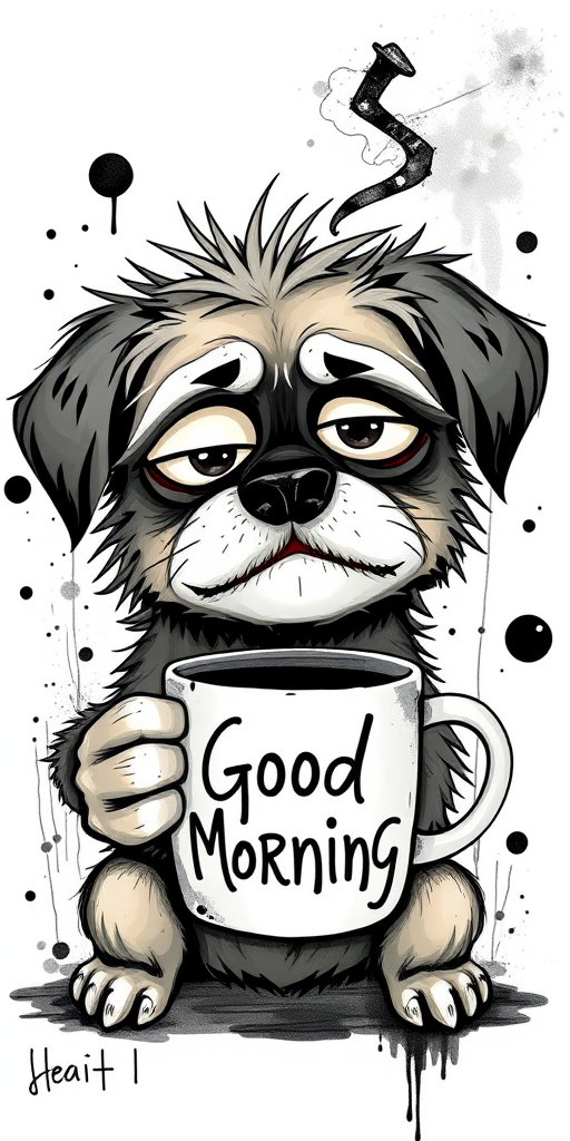 A quirky, artistic illustration of a disheveled puggat dog breed with exaggerated, large eyes and spiky fur, holding a coffee mug that reads "Good Morning". The dog has a tired but humorous expression, with ink splatters and abstract details surrounding it, giving a whimsical feel to the image. The color palette is mostly monochrome with hints of black in the eyes and steam rising from the mug, enhancing the overall sleepy vibe