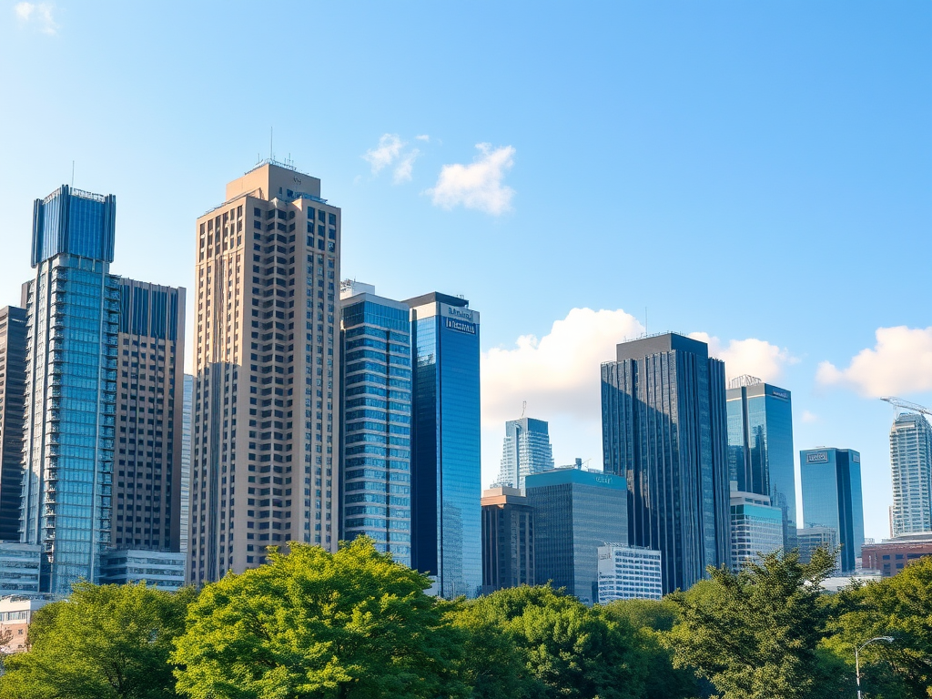 Regenerate a vector-style cityscape image featuring tall buildings of various colors, a clear sky with a few clouds, and green trees in the foreground, captured with a DSLR camera at ISO 100, f/8 aperture, 1/60 sec shutter speed, wide-angle lens, and vibrant color enhancement for clarity.