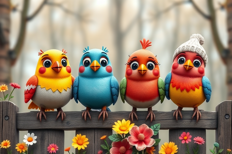 create a scene of 4 quirky  whimsical colourful comical birds each with a funny expression. they are sat on a wooden fence with colourful flowers. they are all different sizes. each one is a different colour  one is wearing a woolly hat. Each one has a different quirky google expression and there is a muted background of trees watercolour paintierly style high definition 8k resolution 3D paper mache