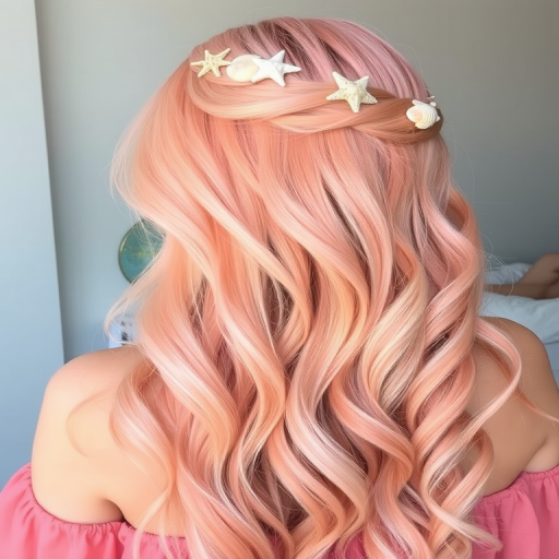 Ethereal pastel peach to soft coral ombre styled in loose beachy waves, adorned with delicate seashells and starfish for a mermaid-inspired look