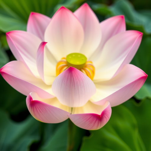 Capture a close-up of a blooming lotus flower with soft pink and white petals, surrounded by lush green leaves, using a DSLR camera with a 50mm lens, aperture set to f/2.8, ISO 100, natural light, focus on the flower's details, shallow depth of field for background blur.