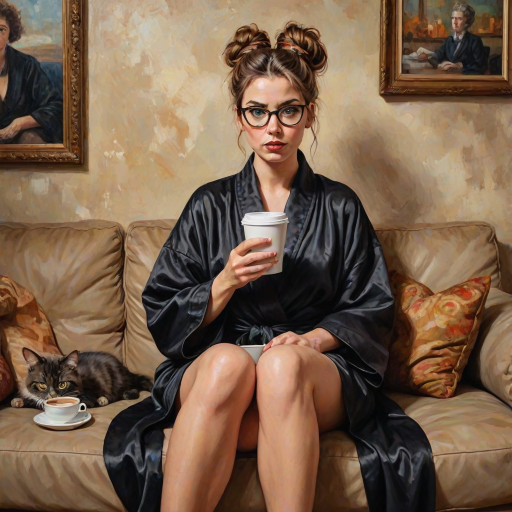 The words ‘Professional Overthinker’ (exact spelling) An exaggerated whimsical illustration of a cute silly lady with unruly messy brown bun and black glasses pouty lips and a thinking expression. Shes sitting on the couch, legs folded wearing a black silk robe, black fuzzy slippers. She’s holding her coffee cup and making a deep-in-thought face.  A quirky scruffy cat (dog) looking at her against a mottled, oil painting style soft background living room setting.