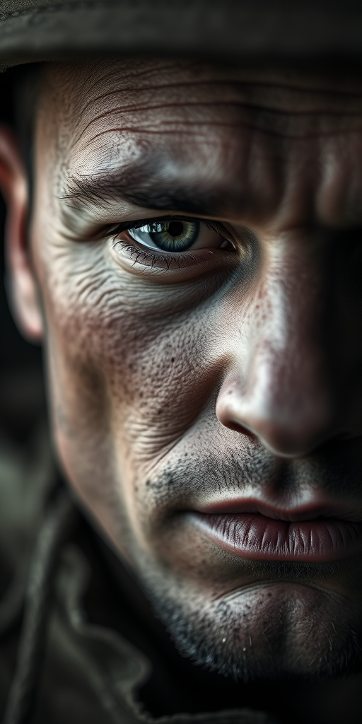 Capture a close-up portrait of a soldier with a focus on intense eyes and weathered skin, using a Canon EOS R5, 85mm lens, f/1.4 aperture, ISO 100, 1/200s shutter speed, in dramatic lighting with a shallow depth of field and high contrast in black and white.