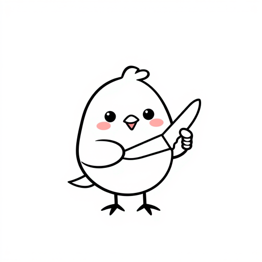 Cute cartoon bird holding a knife with a simple black outline on a white background, featuring a round body, small wings, and a cheerful expression.