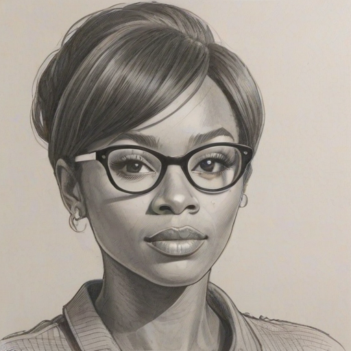 Appealing Monique Coleman, pencil sketch, portrait of Splendid woman 1965s in glasses, hair style beatnik, outline, clear lines, fine lines, 8k