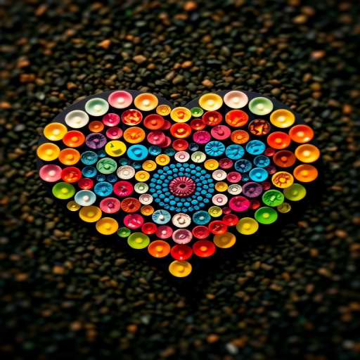 Create an image of a heart shape made up of colorful circular patterns arranged symmetrically, using a high-resolution camera setting of 24MP, with a shallow depth of field, shot from a top-down view, in a bright and vibrant style, using a DSLR camera.