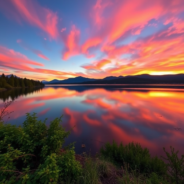 Create an image of a serene landscape at sunset featuring vibrant colors reflecting on a calm lake, with lush greenery and distant mountains in the background, using a DSLR camera with a 35mm lens at f/8, ISO 100, shutter speed 1/125s, capturing a wide-angle view for depth and clarity.