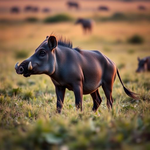Capture a side view of a warthog in a grassy field during golden hour, using a DSLR camera with a 50mm lens, f/1.8, ISO 200, and shutter speed of 1/500 sec to ensure a softly blurred background and sharp focus on the animal.