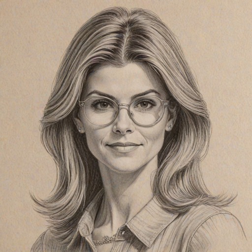 Graceful Lori Loughlin, pencil sketch, portrait of Radiant woman 1970s in glasses, hair style beatnik, outline, clear lines, fine lines, 8k