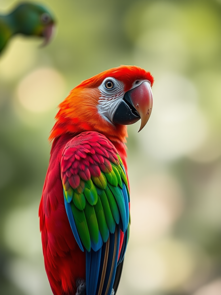 high-resolution image of a vibrant red parrot with green accents, captured with a Canon EOS R5, 50mm lens, aperture f/2.8, ISO 100, natural light, shallow depth of field for a blurred background