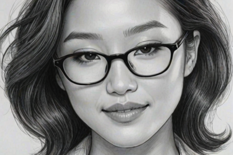 Enticing Constance Wu, pencil sketch, portrait of Appealing woman 1942s in glasses, hair style beatnik, outline, clear lines, fine lines, 8k