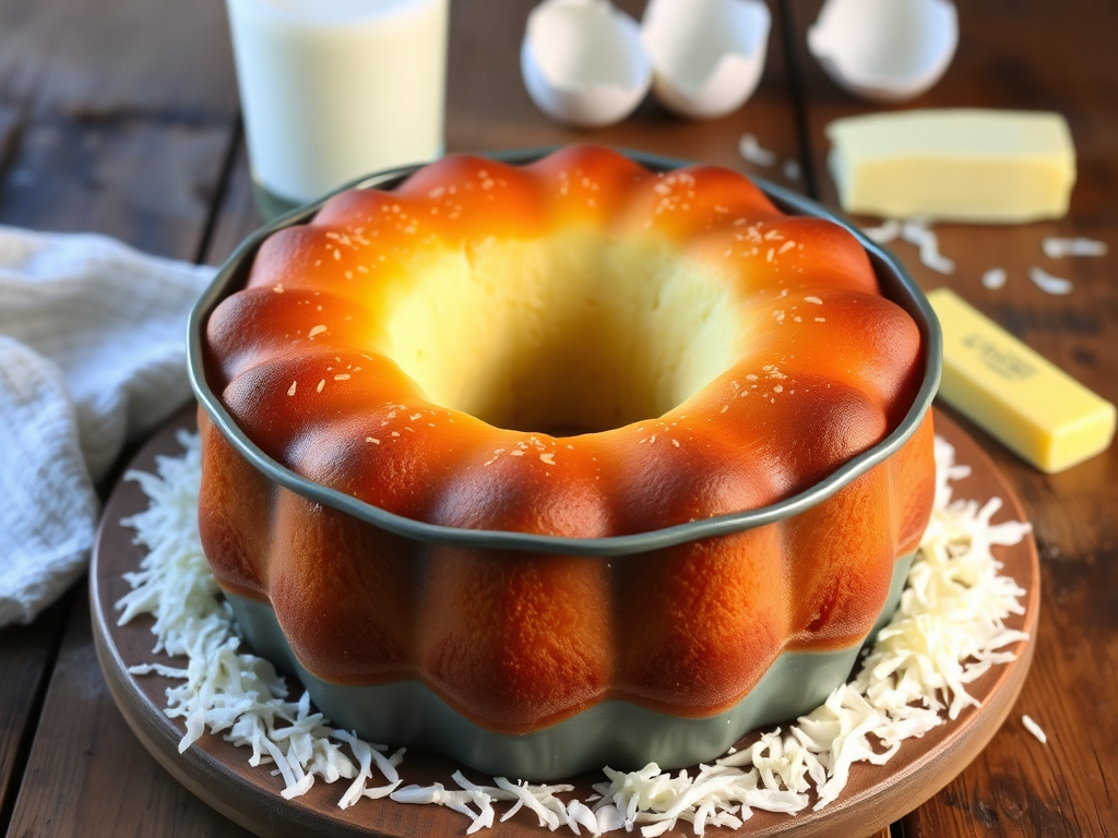 A delicious cake in a bundt pan with a golden brown top and a creamy white layer, surrounded by toasted coconut flakes, placed on a rustic wooden table with a glass of milk, a stick of butter, and broken egg shells in the background.