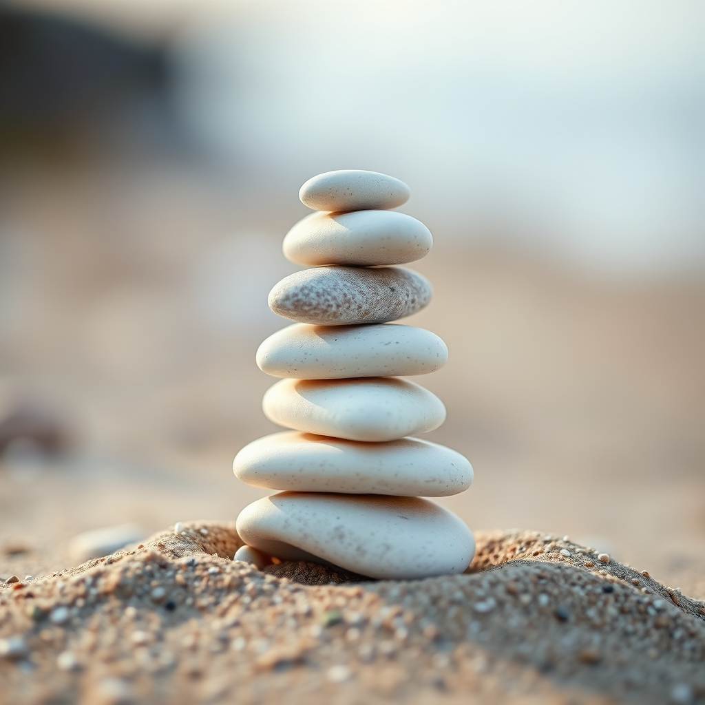 stack of smooth white stones balanced on a sandy surface, shot with a DSLR camera at f/8 aperture, 1/60s shutter speed, ISO 100, macro lens, shallow depth of field, soft natural lighting, high dynamic range, focusing on texture and details of stones against a blurred background