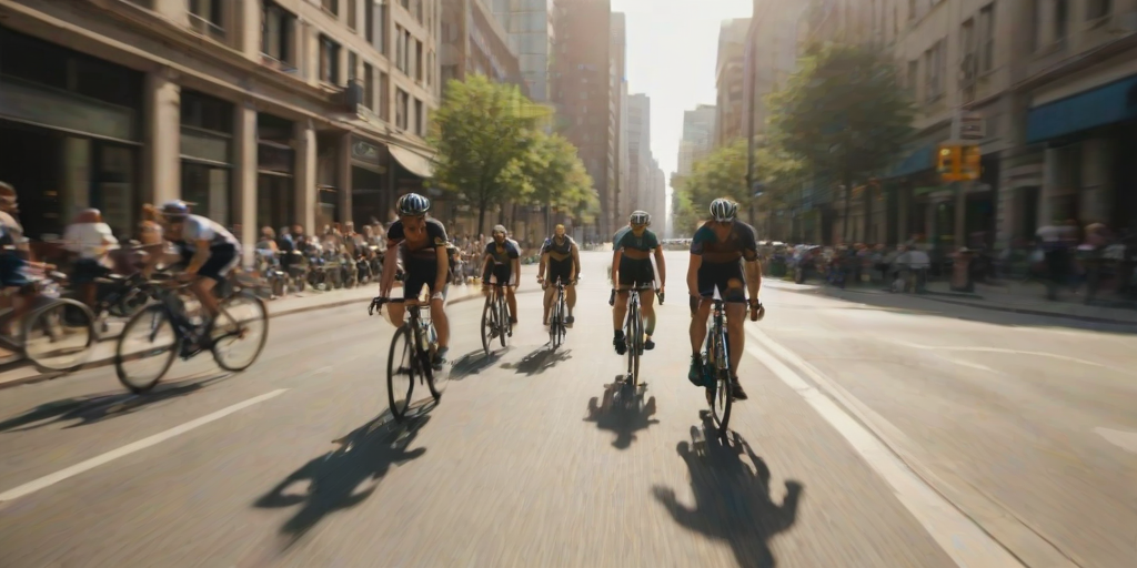 Blurry, candid shot of a group of cyclists racing through a city street, their forms captured in motion, distant buildings casting long shadows, and the rush of wind and energy filling the air.
