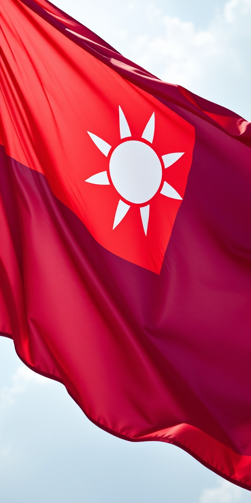 Generate an image of the Taiwan flag waving in the wind, capturing vibrant colors and details, using a DSLR camera with a 50mm lens, aperture set to f/2.8, ISO 100, shot from a low angle with natural lighting.