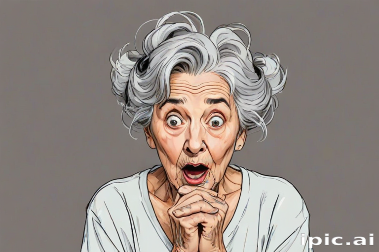 scribbly unfinished sketch, old lady with messy gray hair in a loose bun, surprised expression, mouth open, hands clasped together in front of her chest. Her eyes are wide, eyebrows are furrowed. vibe of shock or surprise.