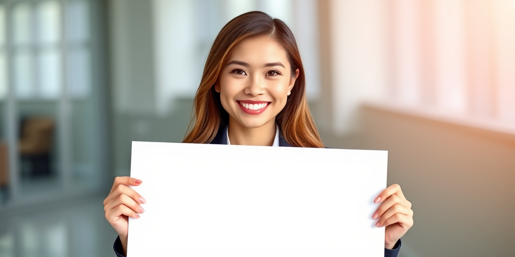 Create an image of a young woman in a business suit with a friendly smile, holding a blank sign, shot with a DSLR camera at f/2.8 aperture, ISO 100, in portrait mode, utilizing soft lighting for a vibrant and polished look.