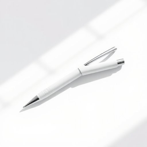 Create a high-resolution image of a sleek white pen on a clean white background, using a DSLR camera with a 50mm lens, aperture set to f/2.8, ISO 100, and a soft natural light source to enhance details and shadows.