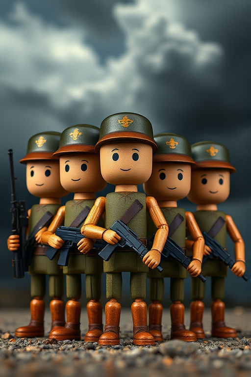 Create an image of five cartoonish wooden soldier dolls in military uniforms, each with unique expressions and hairstyles, standing confidently with rifles, set against a dramatic, cloudy backdrop in the style of a high-resolution digital painting, using a DSLR camera with a 50mm lens, aperture set at f/1.8, ISO 200, and a shallow depth of field to enhance detail and focus on the characters.