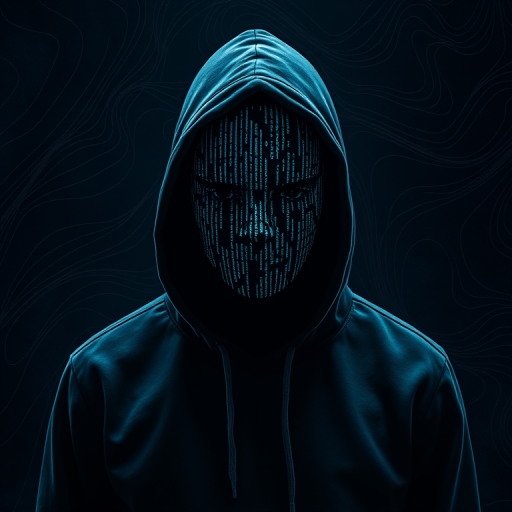 Create an image of a mysterious figure wearing a hoodie with a digital matrix code pattern on their face, set against a dark abstract background with flowing lines, captured with a 50mm lens, f/1.8 aperture, ISO 200, in high dynamic range photography, using a DSLR camera.