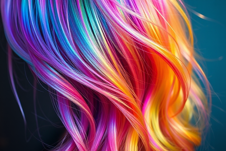 Holographic rainbow hair shimmering with every color of the spectrum, Prism's locks change hue depending on the angle and lighting, creating a mesmerizing and ever-shifting display