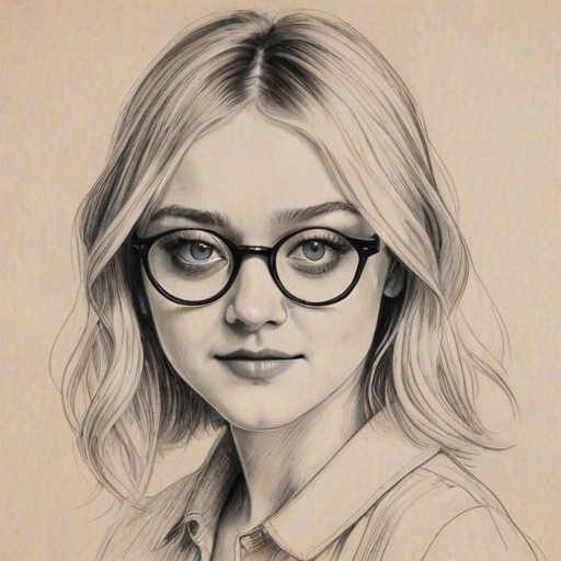 Charming Dakota Fanning, pencil sketch, portrait of Fetching woman 1923s in glasses, hair style beatnik, outline, clear lines, fine lines, 8k