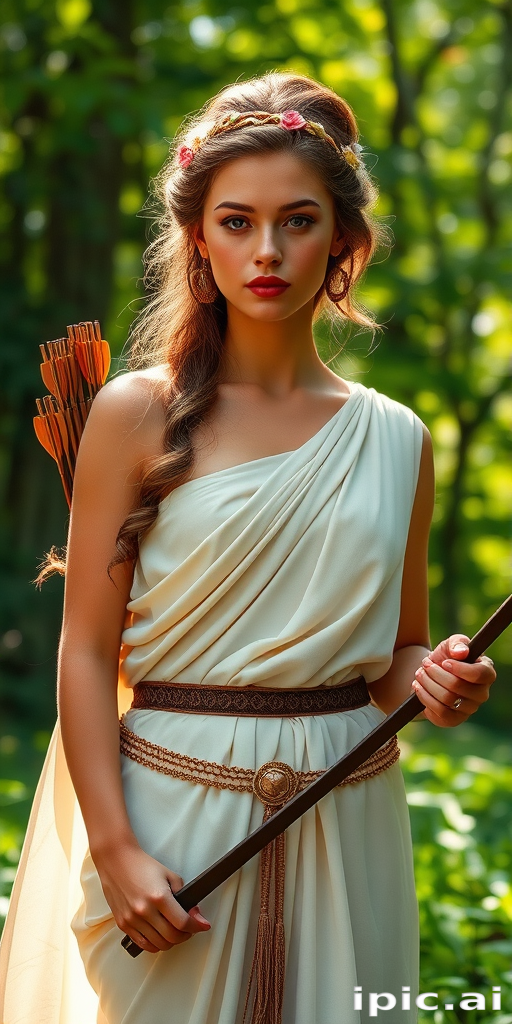 Create a portrait of a goddess-like female figure in a tranquil, forested environment. She has an elegant appearance with long, wavy hair styled in an updo and adorned with a delicate, floral headband. She wears a flowing, ancient Greek-inspired gown in a soft, pale color, featuring a one-shoulder design and draped fabric that accentuates her graceful form. The outfit includes a decorative belt with ornate gold detailing, and she holds a bow in her hand, with a quiver of arrows slung over her shoulder. The background depicts lush greenery, with sunlight filtering through the trees, casting a gentle, ethereal light on the scene. Her expression is calm and contemplative, embodying a sense of wisdom and serenity.