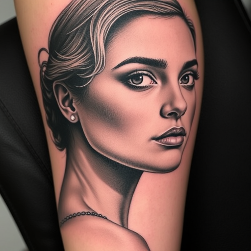 Realistic grayscale "Vintage Portrait" tattoo showcasing exceptional shading and detail, capturing the essence of a classic photograph with lifelike features and textures