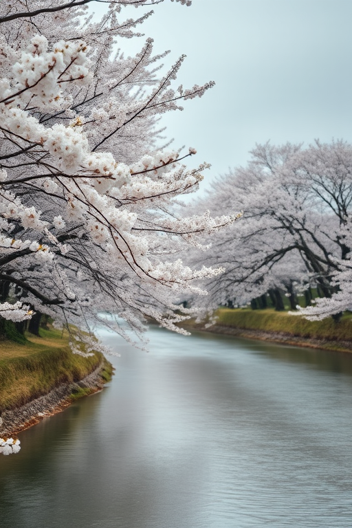 A serene riverside scene featuring cherry blossom trees in full bloom along the banks, with a gentle curve of the river, taken with a Canon EOS R5, f/2.8 aperture, 1/200 sec shutter speed, ISO 100, wide-angle lens, and soft focus to enhance the dreamy atmosphere.